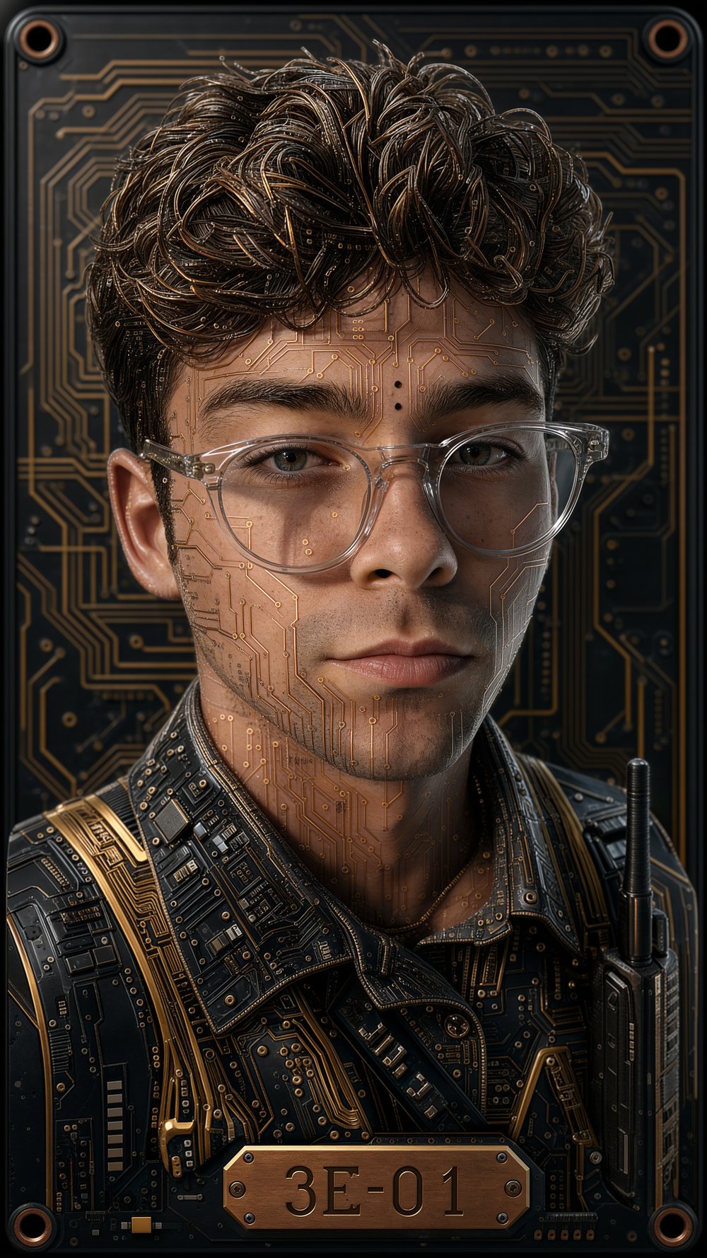 Ian Peterson Garcia rendered as a 3E Bestiary circuit-board portrait, serial 3E-01